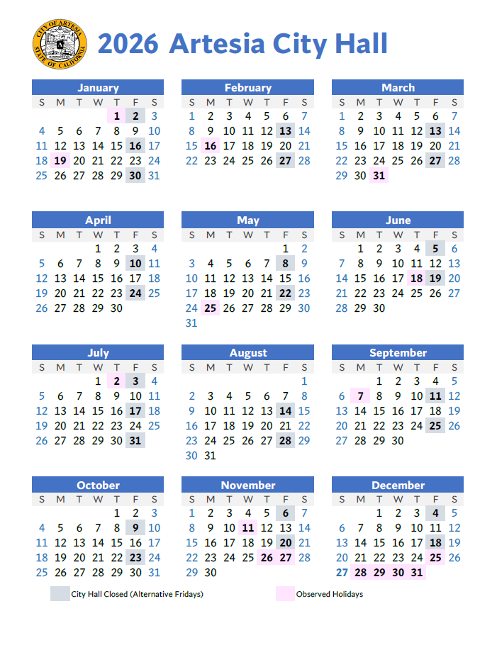 2026 City Hall Calendar 